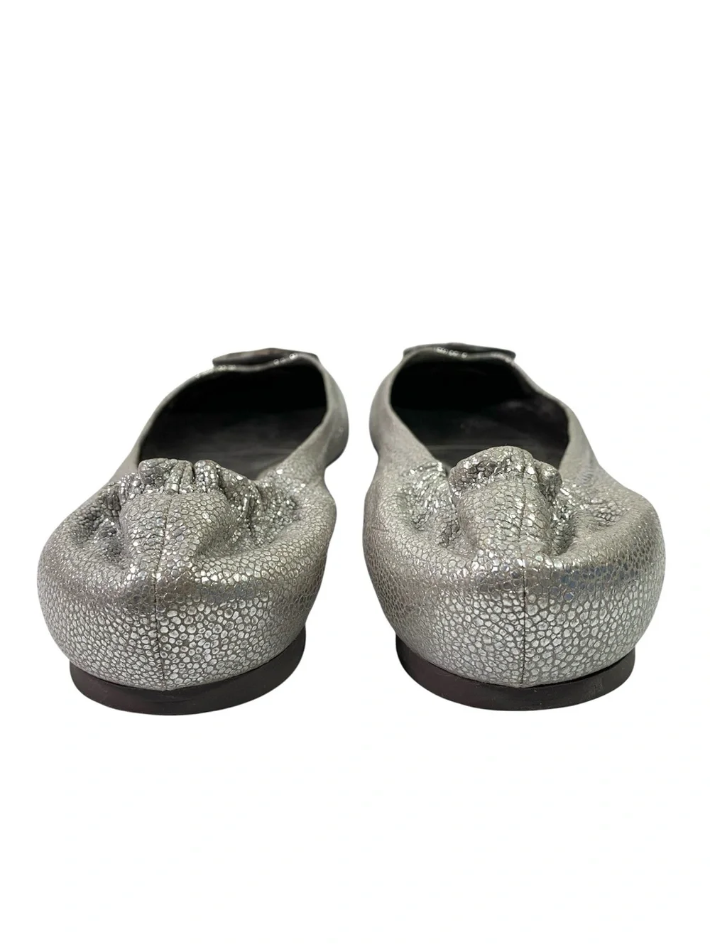 Tory Burch Reva Silver Metallic Tumbled Pebbled Leather Flats Size 10 M Travel